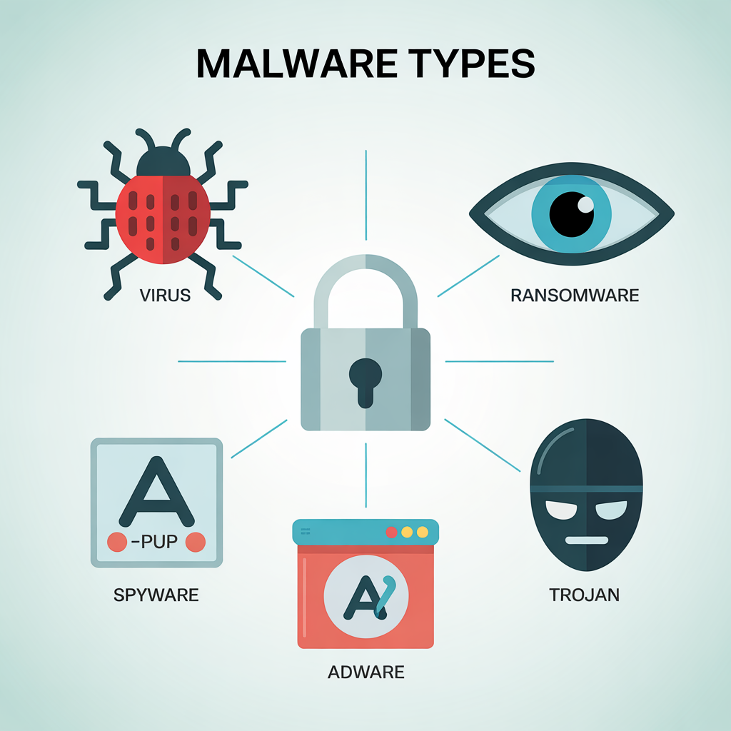 Types of malware explained: virus, spyware, ransomware, adware, trojans.